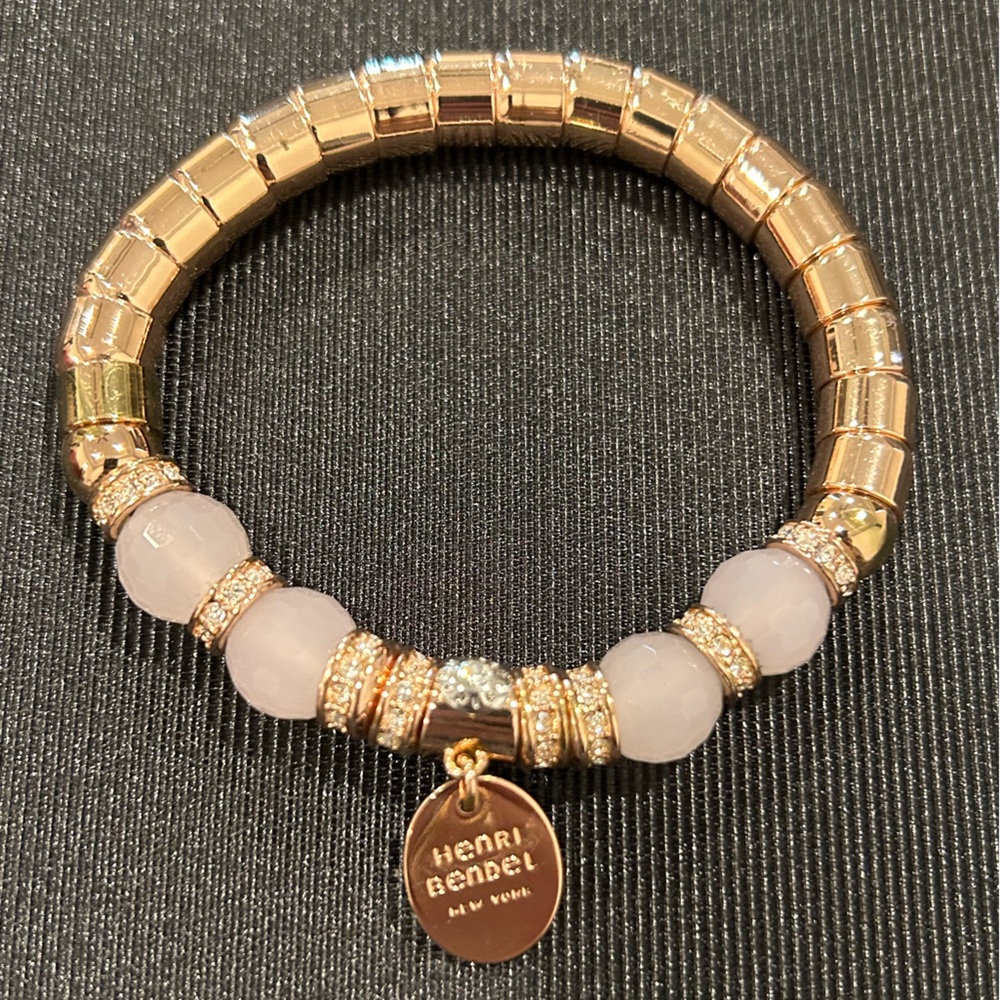 Henri Bendel Elastic Rose Gold and Pink Beaded Stretch Bracelet with Charm